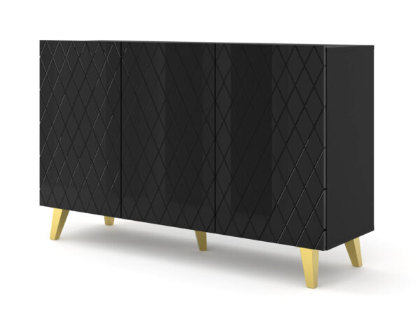 Komoda DIUNA frezowane fronty MDF, czarny wysoki połysk